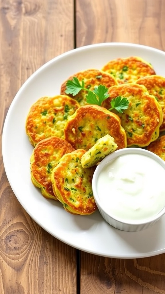 Crispy zucchini cakes on a plate with parsley and dipping sauce.